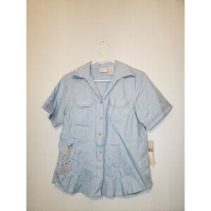 Erika Women's S Shirt Short Sleeve Button Front Floral Blue Linen Blend NWT